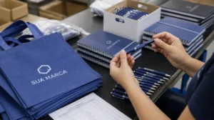 Fornecedor de brindes corporativos avaliando produção personalizada