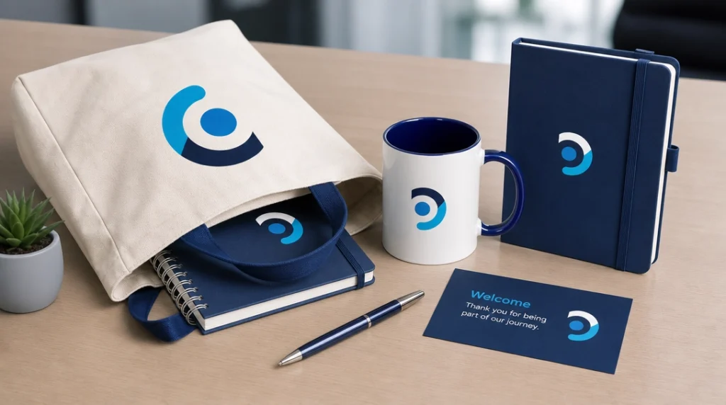 Kit de brindes para congresso com sacola e bloco de notas personalizados